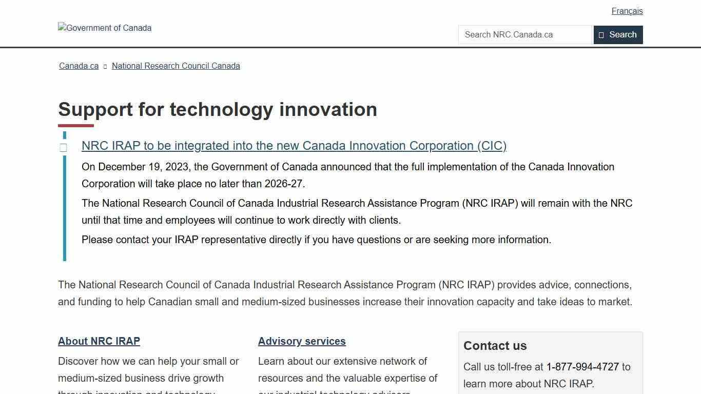 Support for technology innovation - National Research Council Canada
